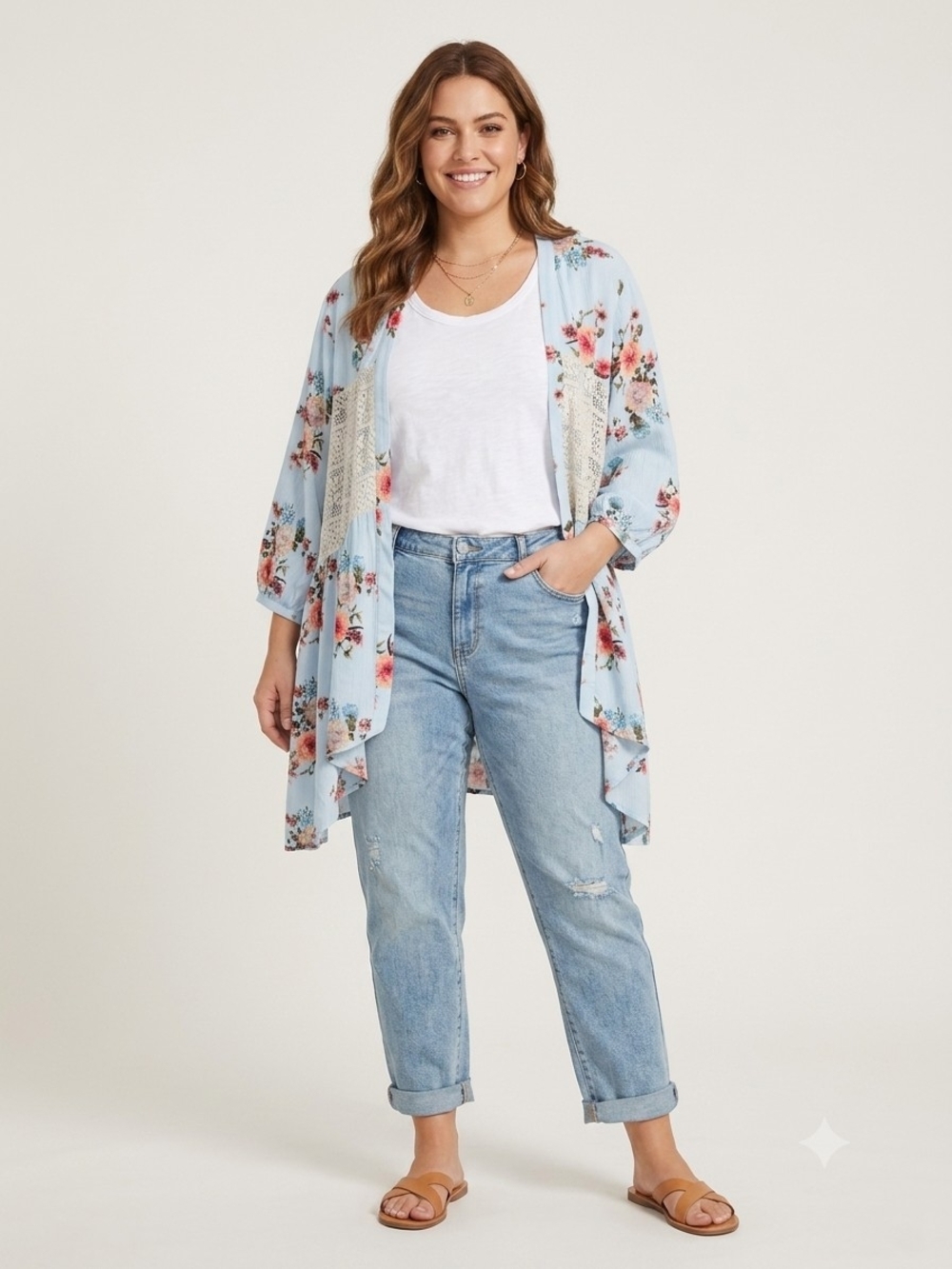 Light Blue Floral Open-Front Lace Kimono